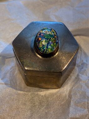 Hexagonal Sterling Silver Trinket Box with Colorful Glass/ Monarch Opal Cabochon